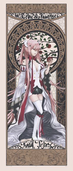 Anime picture 1498x3500 with owari no seraph wit studio kururu tepes astraltair single long hair tall image fringe breasts light erotic standing bare shoulders holding signed payot looking away pink hair full body pointy ears hair over one eye