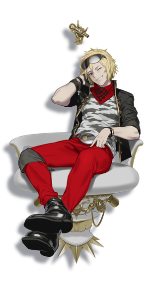 Anime picture 512x1024 with caligula ike-p oguchi (sugimoto gang) single tall image looking at viewer short hair blonde hair smile sitting brown eyes full body bent knee (knees) head tilt one eye closed wink official art crossed legs arm behind head transparent background