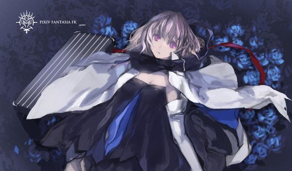 Anime picture 2008x1179 with original pixiv fantasia pixiv fantasia fallen kings paradise (character) swd3e2 single looking at viewer highres short hair breasts wide image purple eyes pink hair cleavage lying inscription on back girl dress gloves