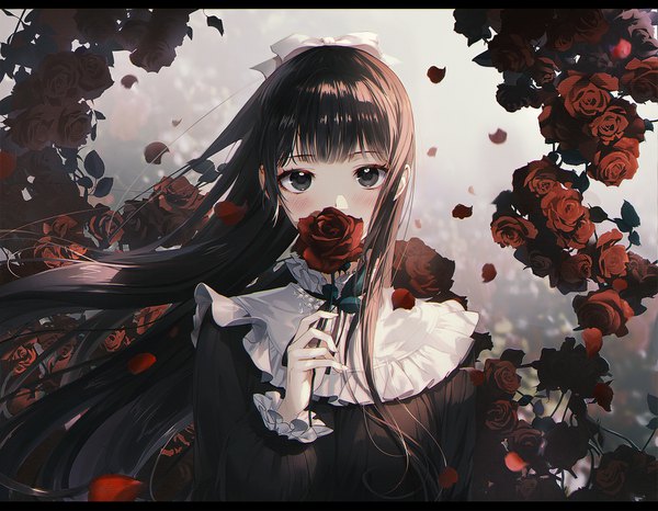 Anime picture 1500x1166 with original daby single long hair looking at viewer blush fringe black hair holding upper body blunt bangs long sleeves wind black eyes letterboxed covered mouth anaglyph girl flower (flowers) ribbon (ribbons)