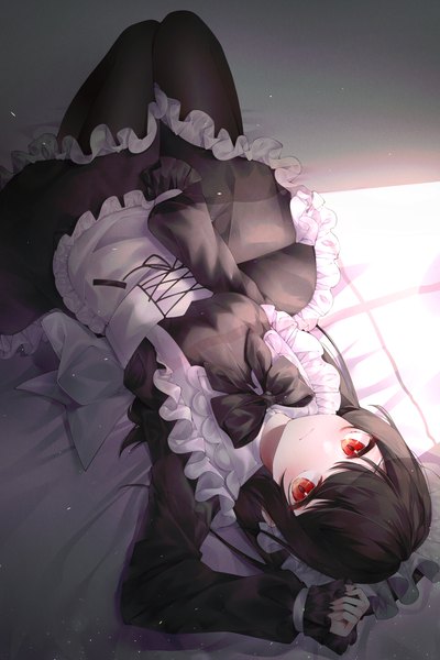 Anime picture 1067x1600 with original hyunnim01 single long hair tall image looking at viewer blush fringe black hair red eyes full body bent knee (knees) lying long sleeves arm up from above maid on back sleeves past wrists light