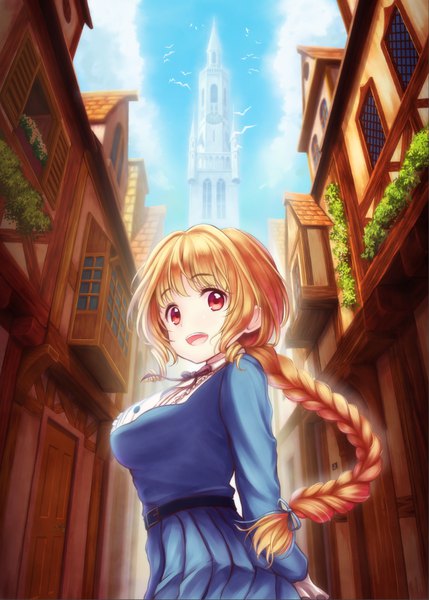 Anime picture 1295x1812 with original alba (little witches) single long hair tall image looking at viewer blush breasts open mouth smile red eyes sky cloud (clouds) outdoors braid (braids) :d orange hair single braid street architecture