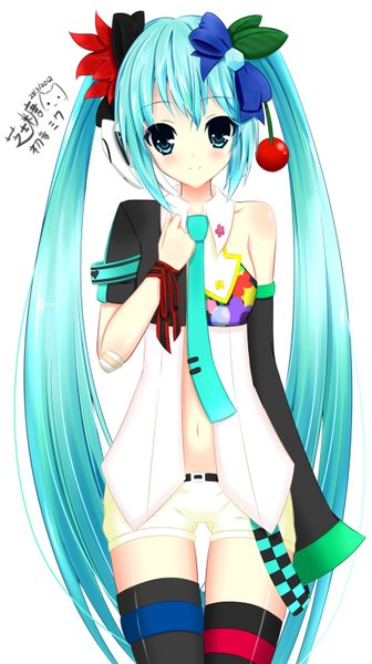 Anime picture 1720x3067 with vocaloid hatsune miku nagi-the-cheese (ppshex) single tall image blush highres simple background smile white background twintails very long hair aqua eyes aqua hair girl thighhighs navel hair ornament bow black thighhighs
