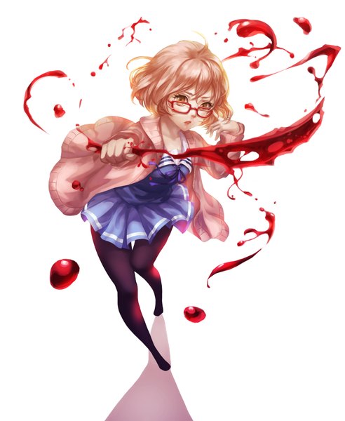 Anime picture 1644x2004 with kyoukai no kanata kyoto animation kuriyama mirai wff 87 (xuan qing) tall image short hair open mouth simple background brown hair white background brown eyes girl skirt uniform weapon school uniform sword glasses blood