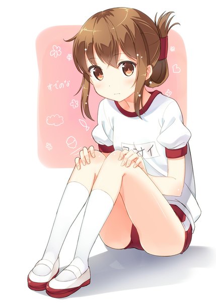 Anime picture 800x1119 with kantai collection inazuma destroyer hyuuga azuri single long hair tall image looking at viewer blush brown hair sitting brown eyes bent knee (knees) folded ponytail girl uniform socks white socks gym uniform buruma