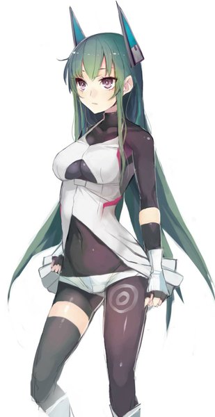 Anime picture 876x1700 with original menou kaname taishi (picchiridou) single long hair tall image fringe breasts light erotic simple background large breasts standing white background bent knee (knees) pink eyes green hair girl gloves navel fingerless gloves