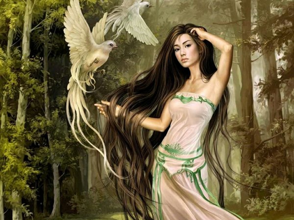 Anime picture 1024x768 with tang yuehui single long hair brown hair very long hair black eyes realistic armpit (armpits) cropped girl dress plant (plants) animal tree (trees) white dress bird (birds) forest