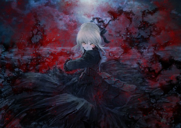Anime picture 2339x1654 with fate (series) fate/stay night studio deen type-moon artoria pendragon (all) saber alter kirigo (artist) single fringe highres white hair girl dress bow hair bow blood