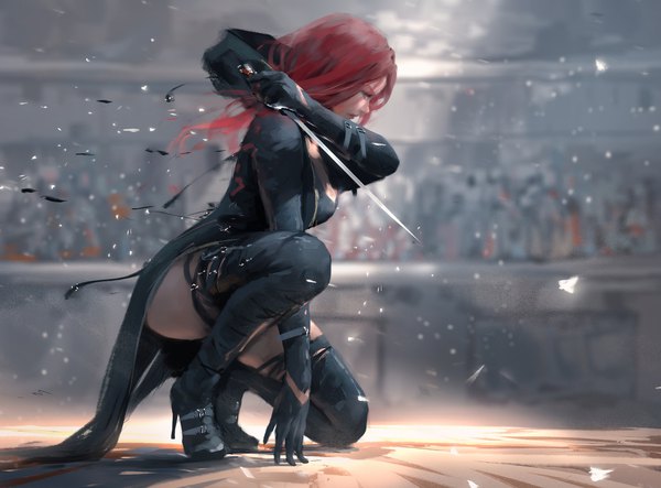 Anime picture 4050x2992 with ghost blade lenia wlop single long hair highres light erotic red eyes holding looking away absurdres full body bent knee (knees) red hair profile wind blurry realistic high heels depth of field