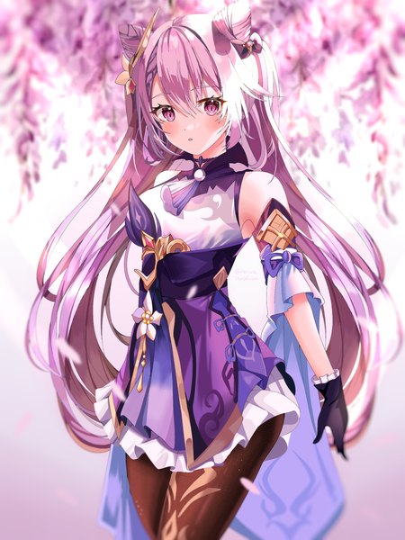 Anime picture 2048x2732 with genshin impact keqing (genshin impact) najwa ibrahimi single long hair tall image looking at viewer blush fringe highres open mouth hair between eyes standing purple eyes twintails payot purple hair blurry hair bun (hair buns) gradient background