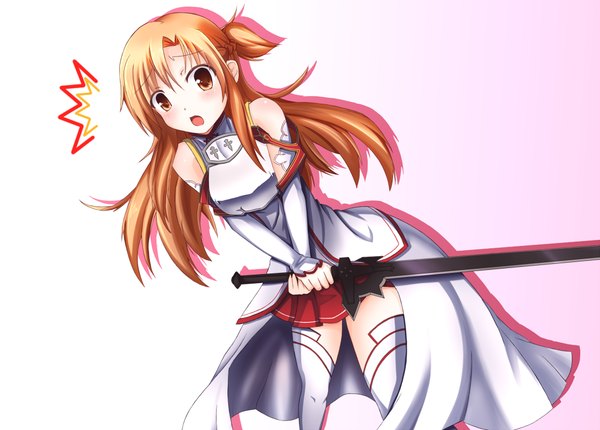 Anime picture 1000x717 with sword art online a-1 pictures yuuki asuna single long hair open mouth brown hair brown eyes girl thighhighs weapon white thighhighs sword