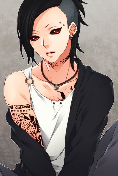 Anime picture 541x800 with tokyo ghoul studio pierrot uta (tokyo kushu) rio (rio 01) single tall image fringe short hair black hair simple background red eyes sitting looking away grey background tattoo piercing black sclera lip piercing eyebrow piercing boy