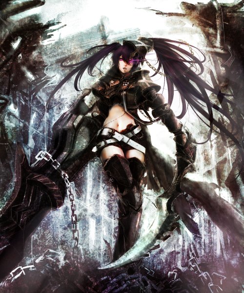 Anime picture 2000x2400 with black rock shooter insane black rock shooter koukyou single long hair tall image highres twintails purple eyes purple hair glowing scar glowing eye (eyes) girl navel weapon sword shorts belt armor