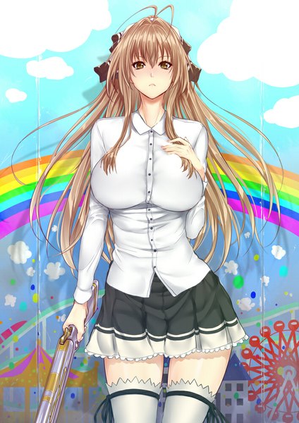 Anime picture 706x1000 with amagi brilliant park kyoto animation sento isuzu zucchini single long hair tall image looking at viewer blush breasts brown hair large breasts brown eyes girl thighhighs skirt weapon shirt white thighhighs white shirt