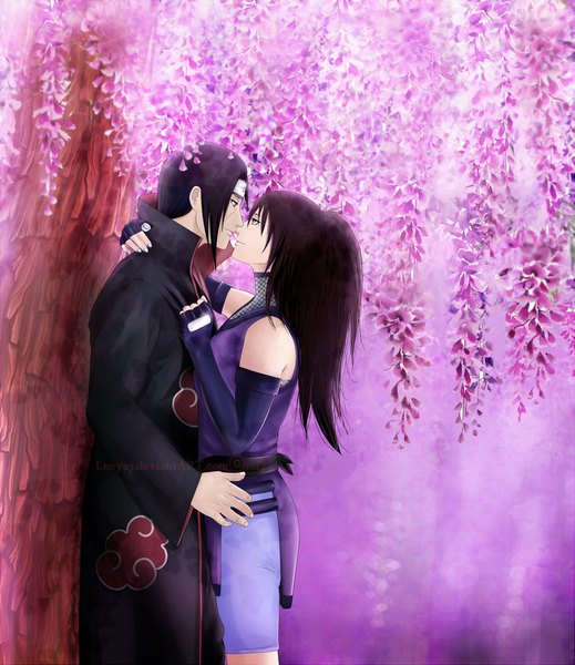 Anime picture 1385x1600 with naruto original studio pierrot naruto (series) uchiha itachi lesya7 long hair tall image short hair black hair smile brown hair standing bare shoulders green eyes signed payot looking away ponytail profile