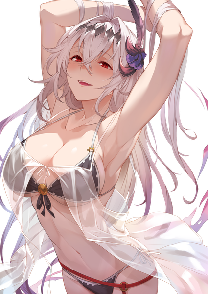 Anime picture 1416x2000 with shingeki no bahamut granblue fantasy jeanne d'arc (granblue fantasy) dark jeanne kakage single tall image blush fringe breasts open mouth light erotic smile hair between eyes red eyes large breasts standing bare shoulders cleavage silver hair