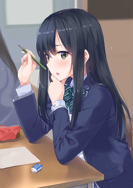 Anime picture 2893x4092 with original unasaka ryou long hair tall image looking at viewer blush fringe highres open mouth black hair hair between eyes sitting holding indoors long sleeves profile lips sunlight blurry arm support