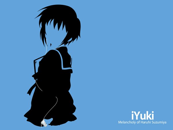 Anime picture 1024x768 with suzumiya haruhi no yuutsu kyoto animation ipod nagato yuki blue background silhouette parody girl