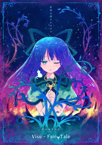 Anime picture 2000x2829 with original tokine (maikaze) single long hair tall image highres open mouth blonde hair blue hair pink hair one eye closed aqua eyes scan sparkle gradient hair hands clasped cover album cover girl dress