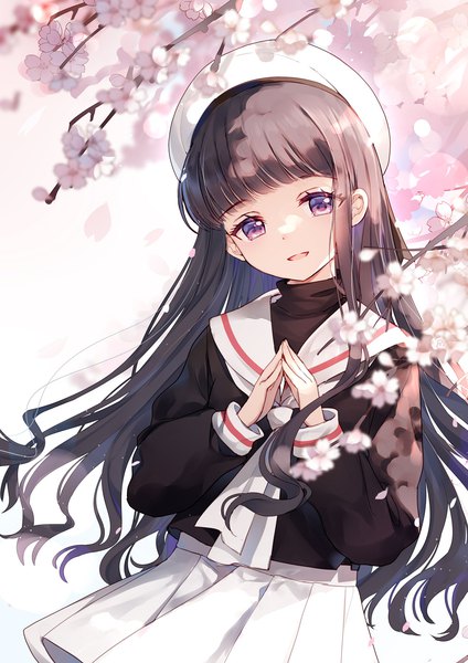 Anime picture 1000x1414 with card captor sakura clamp daidouji tomoyo bison cangshu single long hair tall image looking at viewer fringe open mouth black hair smile standing purple eyes blunt bangs long sleeves head tilt :d pleated skirt cherry blossoms