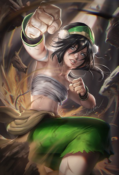 Anime picture 1095x1600 with avatar: the last airbender nickelodeon toph beifong sakimichan single long hair tall image blush fringe black hair hair between eyes standing signed fingernails realistic sweat outstretched arm silver eyes fighting stance clenched teeth
