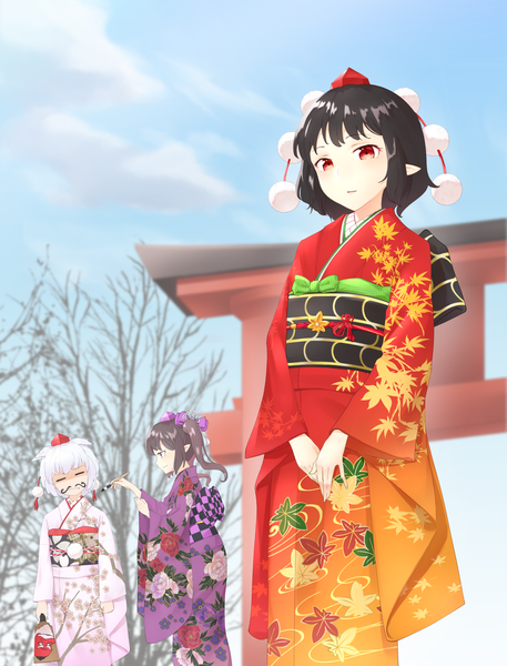 Anime picture 1520x1994 with touhou shameimaru aya inubashiri momiji himekaidou hatate kanpa (campagne 9) long hair tall image looking at viewer short hair black hair smile red eyes brown hair purple eyes twintails multiple girls holding animal ears sky outdoors