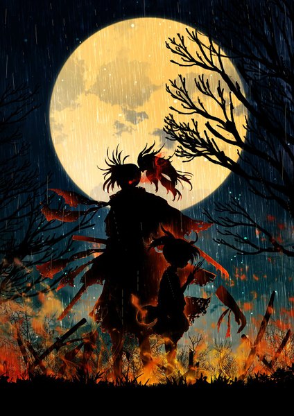 Anime-Bild 1200x1698 mit dororo (tezuka) hyakkimaru (dororo) dororo (character) harada miyuki long hair tall image short hair outdoors ponytail profile night glowing rain glowing eye (eyes) silhouette bare tree amputee girl boy weapon