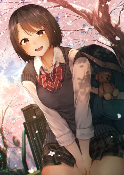 Anime picture 1157x1637 with original waterdog single tall image looking at viewer blush fringe short hair open mouth smile brown hair standing brown eyes outdoors :d leaning leaning forward cherry blossoms plaid skirt between thighs