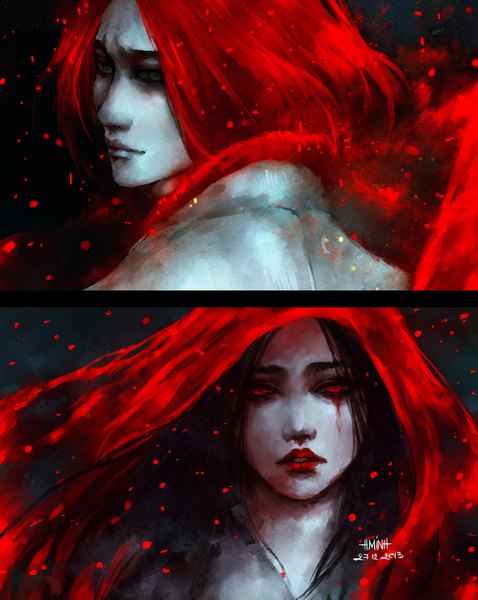 Anime picture 1300x1632 with original mara (original character) nanfe long hair tall image looking at viewer blush open mouth black hair red eyes red hair looking back black eyes teeth turning head portrait pale skin framed bloody tears girl