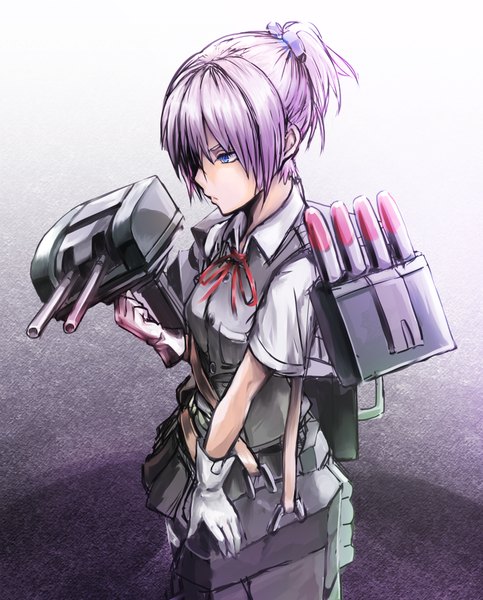 Anime picture 806x1000 with kantai collection shiranui destroyer ao ebi single tall image short hair blue eyes pink hair ponytail girl gloves uniform weapon white gloves gun bag