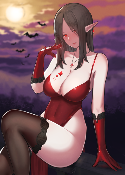 Anime picture 2976x4175 with original hayabusa single long hair tall image looking at viewer blush fringe highres breasts open mouth light erotic red eyes brown hair large breasts sitting bare shoulders signed cloud (clouds) outdoors