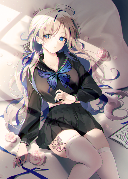 Anime picture 2143x3000 with original naru single long hair tall image looking at viewer blush fringe highres breasts blue eyes signed silver hair ahoge bent knee (knees) lying long sleeves nail polish parted lips head tilt