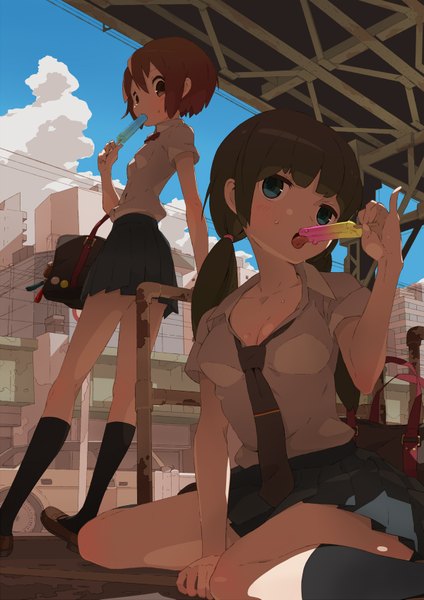 Anime picture 1200x1697 with original tomioka jirou long hair tall image blush short hair blue eyes brown hair sitting twintails multiple girls brown eyes cleavage pleated skirt sweat city sweatdrop summer girl skirt