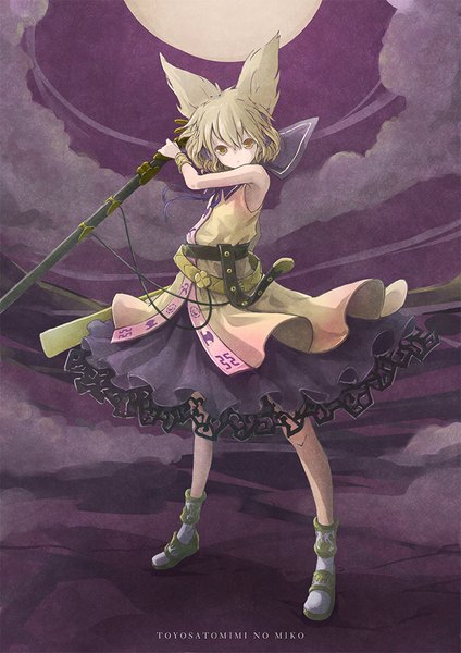 Anime picture 707x1000 with touhou toyosatomimi no miko satyuas single tall image looking at viewer fringe short hair blonde hair hair between eyes standing brown eyes full body sleeveless character names sheathed girl weapon sword sheath