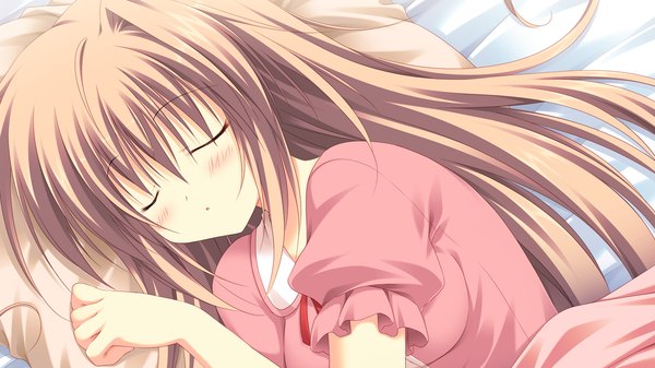 Anime picture 1280x720 with gakuou konoe akari korie riko long hair brown hair wide image game cg eyes closed sleeping girl pajamas