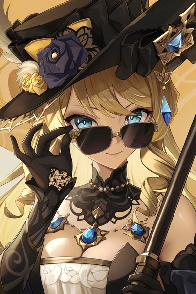 Anime picture 2894x4331 with genshin impact navia (genshin impact) tatty single long hair tall image looking at viewer fringe highres breasts blue eyes blonde hair holding cleavage upper body arm up adjusting sunglasses girl gloves flower (flowers)