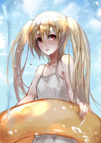 Anime picture 2121x3000 with tower of saviors beelzebub (tos) vardan single long hair tall image looking at viewer fringe highres blonde hair hair between eyes red eyes twintails signed sky upper body parted lips girl dress sea