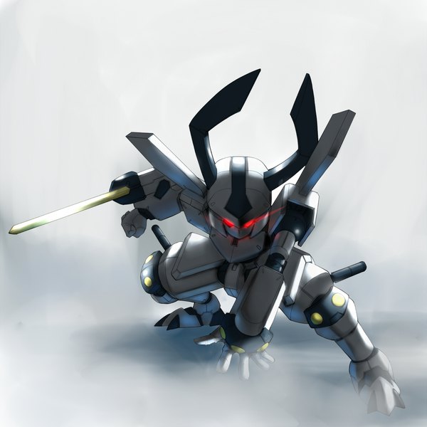 Anime picture 1194x1194 with medarot rokusho (medarot) nichisogawa asaryo single simple background red eyes white background horn (horns) glowing no people fighting stance science fiction weapon sword fist mecha