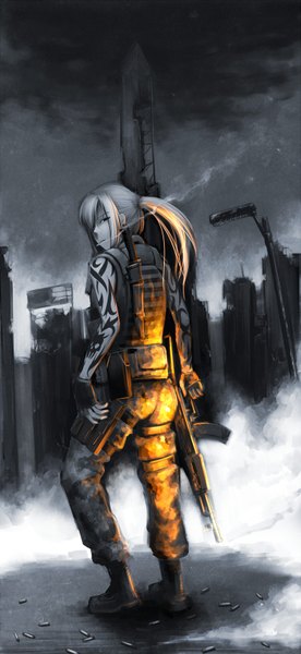 Anime picture 749x1624 with fallout hetza (hellshock) single long hair tall image fringe blonde hair ponytail looking back black eyes hair over one eye tattoo smoke smoking girl gloves uniform weapon boots fingerless gloves
