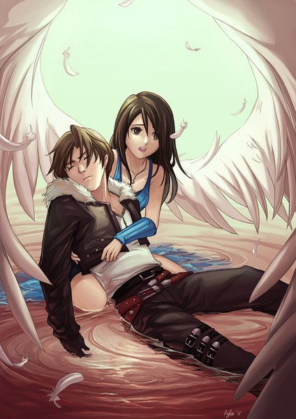 Anime picture 744x1052 with final fantasy final fantasy viii square enix squall leonhart rinoa heartilly felia hanakata long hair tall image short hair open mouth brown hair bare shoulders brown eyes eyes closed open jacket fur trim white wings girl boy gloves