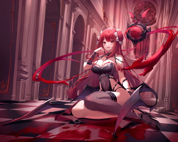 Anime picture 7002x5579 with king's raid erze (king's raid) munseonghwa single long hair looking at viewer blush fringe highres breasts open mouth light erotic smile red eyes large breasts sitting bare shoulders payot absurdres cleavage