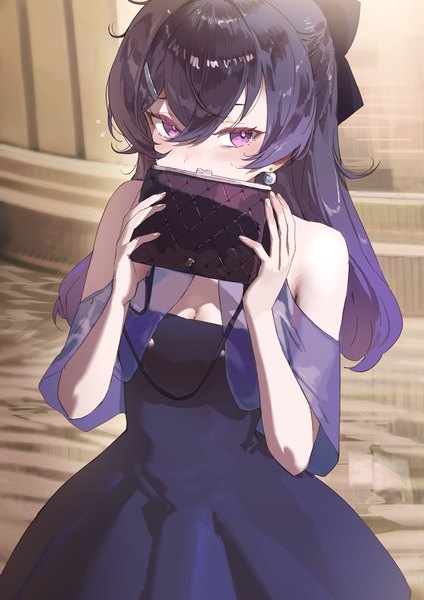 Anime picture 1240x1754 with blue archive haruka (blue archive) haruka (dress) (blue archive) salmon88 single long hair tall image looking at viewer blush fringe breasts black hair hair between eyes standing purple eyes bare shoulders cleavage official alternate costume covered mouth girl