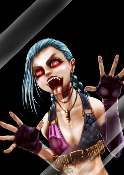 Anime picture 1080x1527 with league of legends jinx (league of legends) mao fabaojinling single long hair tall image looking at viewer highres breasts open mouth red eyes bare shoulders blue hair braid (braids) teeth tattoo twin braids black background breast press licking