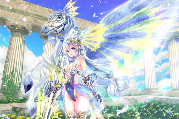 Anime picture 1200x800 with shinsou!! valkyrie card didi amen long hair fringe breasts blue eyes light erotic smile standing bare shoulders blue hair sky silver hair cloud (clouds) white hair multicolored hair horn (horns) magic gradient hair head wings
