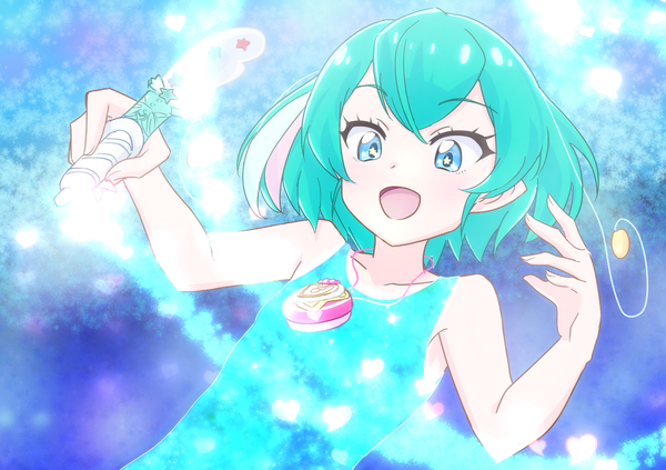 Anime picture 1684x1190 with precure star twinkle precure toei animation hagoromo lala nokotate913 single fringe short hair open mouth blue eyes simple background smile holding looking away upper body :d aqua hair sleeveless symbol-shaped pupils girl