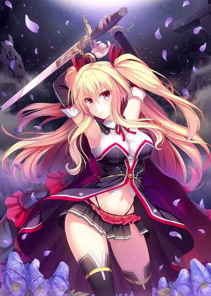Anime picture 2590x3624 with original noe noel single long hair tall image looking at viewer highres light erotic blonde hair red eyes girl thighhighs skirt navel flower (flowers) weapon black thighhighs detached sleeves miniskirt petals
