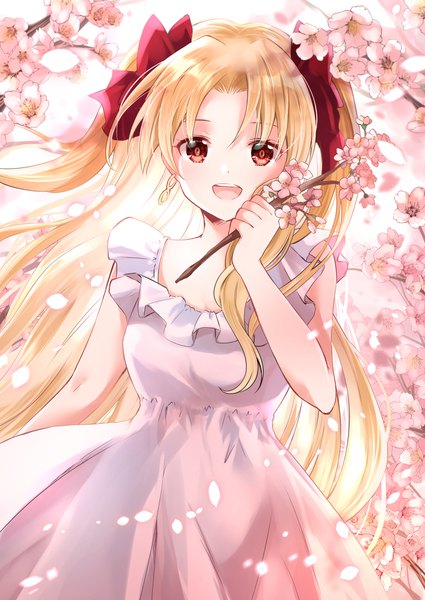 Anime picture 1500x2118 with fate (series) fate/grand order ereshkigal (fate) iroha (shiki) single long hair tall image looking at viewer open mouth blonde hair red eyes holding :d two side up cherry blossoms spring girl dress bow hair bow