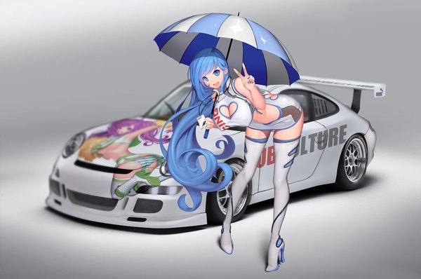 Anime-Bild 1504x1000 mit original porsche naco single long hair looking at viewer breasts open mouth blue eyes light erotic large breasts blue hair grey background victory girl umbrella suit ground vehicle car