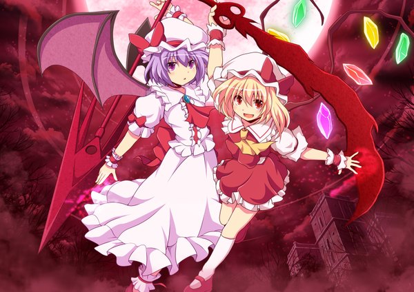 Anime picture 1697x1200 with touhou flandre scarlet remilia scarlet cross (crossryou) looking at viewer blush short hair open mouth blonde hair smile red eyes purple eyes multiple girls purple hair cloud (clouds) bat wings girl dress skirt weapon