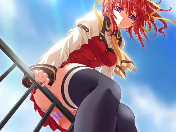 Anime picture 1333x1000 with light erotic purple eyes red hair pantyshot thighhighs ribbon (ribbons) black thighhighs